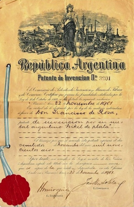 Il brevetto del Nikel de la plata intestato a De Rosa